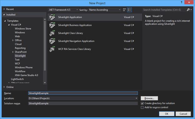 new project of Silverlight Application